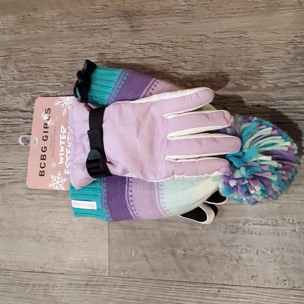 BCBG Girls Hat Glove Beanie Winter Essentials Pink Purple Teal 2 Piece
